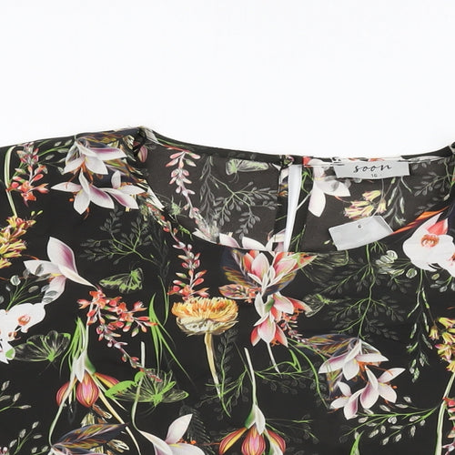 Soon Womens Black Floral Polyester Basic Blouse Size 16 Round Neck