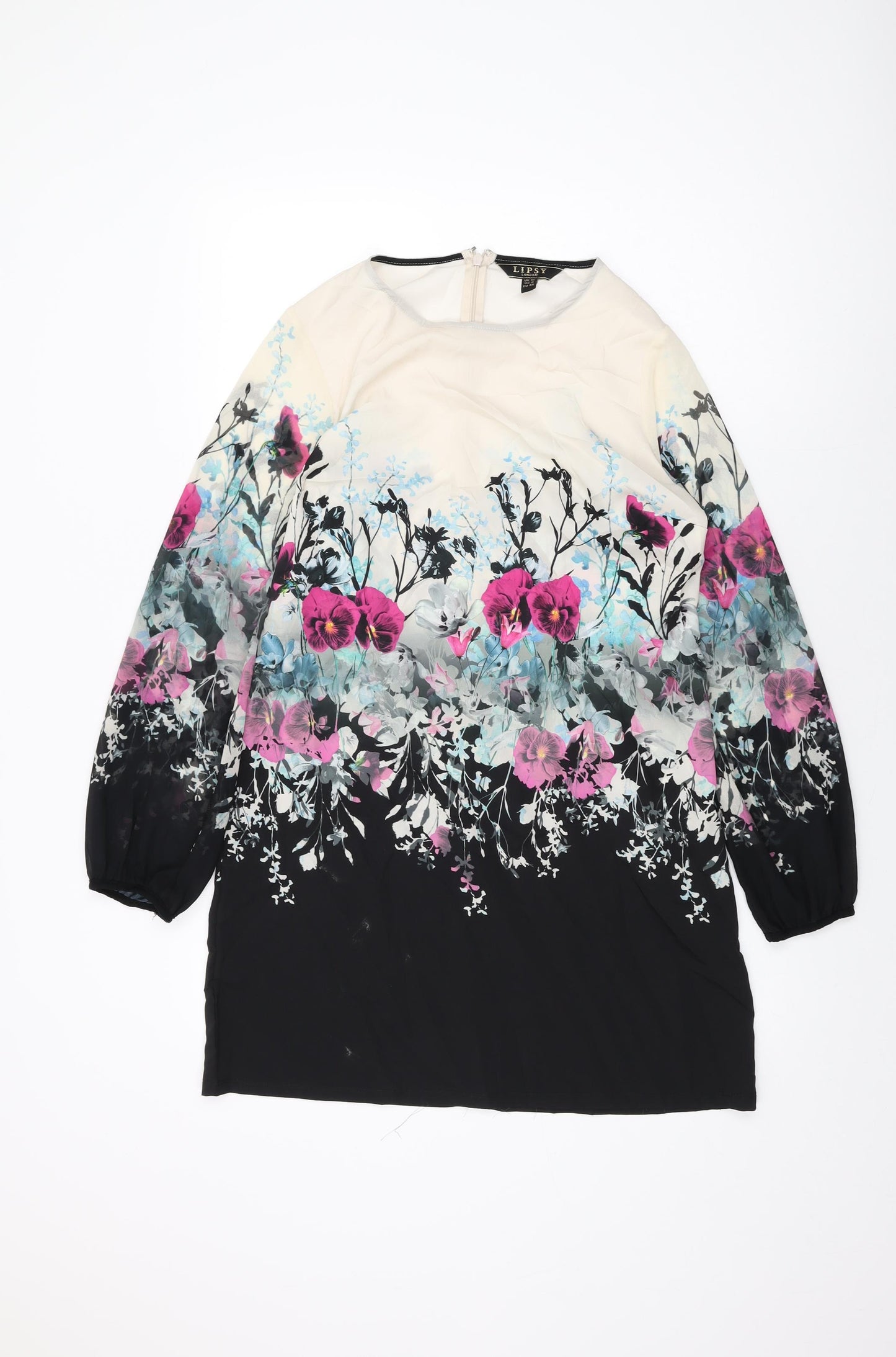 Lipsy Womens Ivory Floral Polyester Shift Size 12 Round Neck Zip