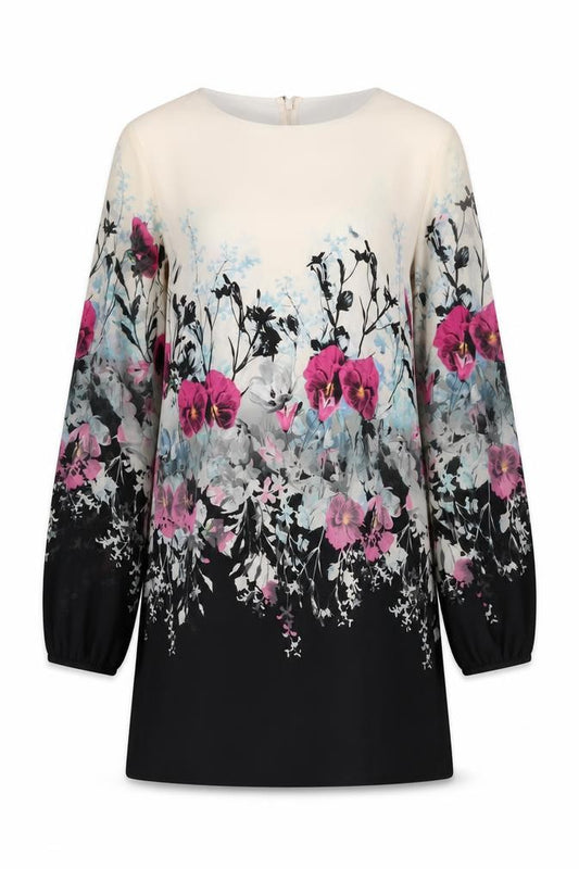 Front view of Lipsy women’s ivory floral polyester shift, size UK 12, round neck zip