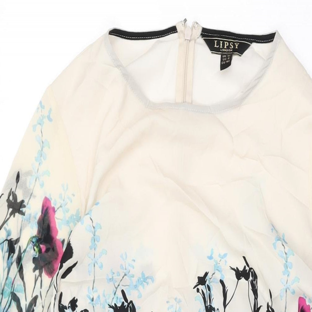 Lipsy Womens Ivory Floral Polyester Shift Size 12 Round Neck Zip