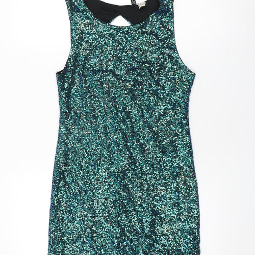 H&M Womens Blue Polyester Mini Size 12 Round Neck Pullover - Sequins