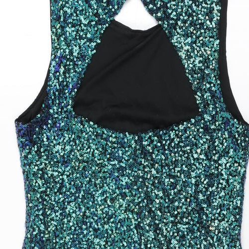 H&M Womens Blue Polyester Mini Size 12 Round Neck Pullover - Sequins
