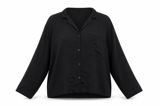 Front view of H&M women’s black polyester basic button-up, size M, collared