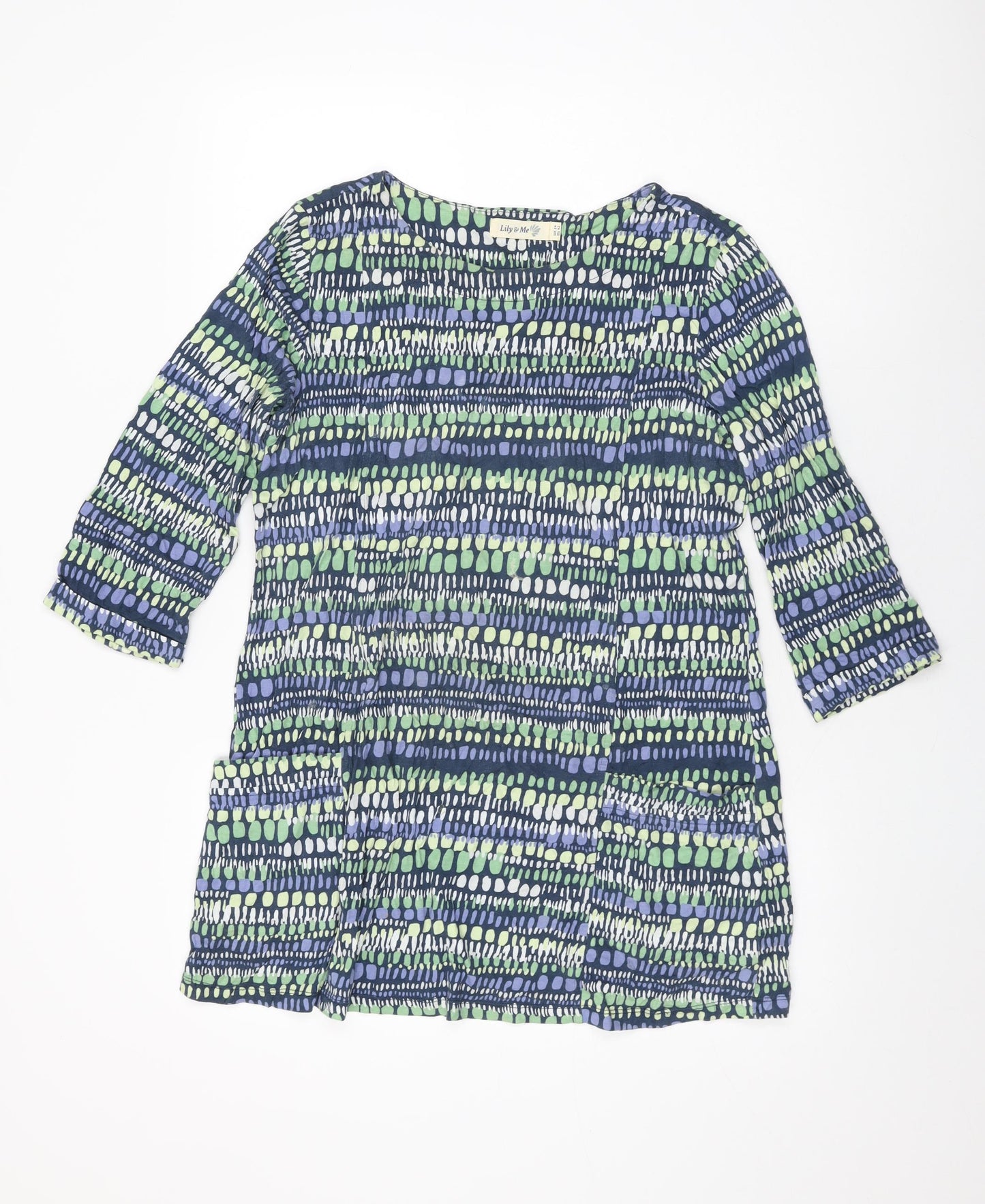 Lily & Me Womens Green Geometric Cotton Basic T-Shirt Size 14 Round Neck