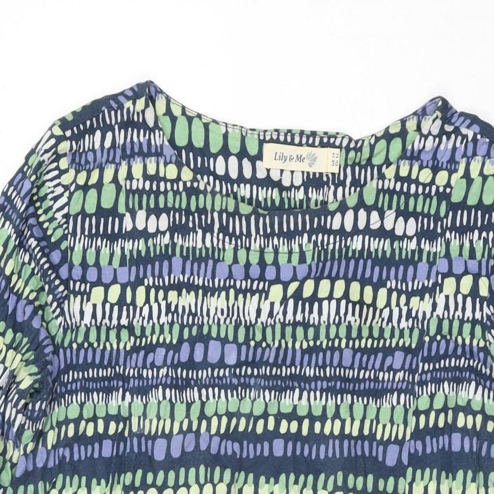 Lily & Me Womens Green Geometric Cotton Basic T-Shirt Size 14 Round Neck