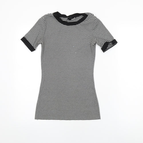 H&M Womens White Striped Polyester Basic T-Shirt Size 8 Round Neck