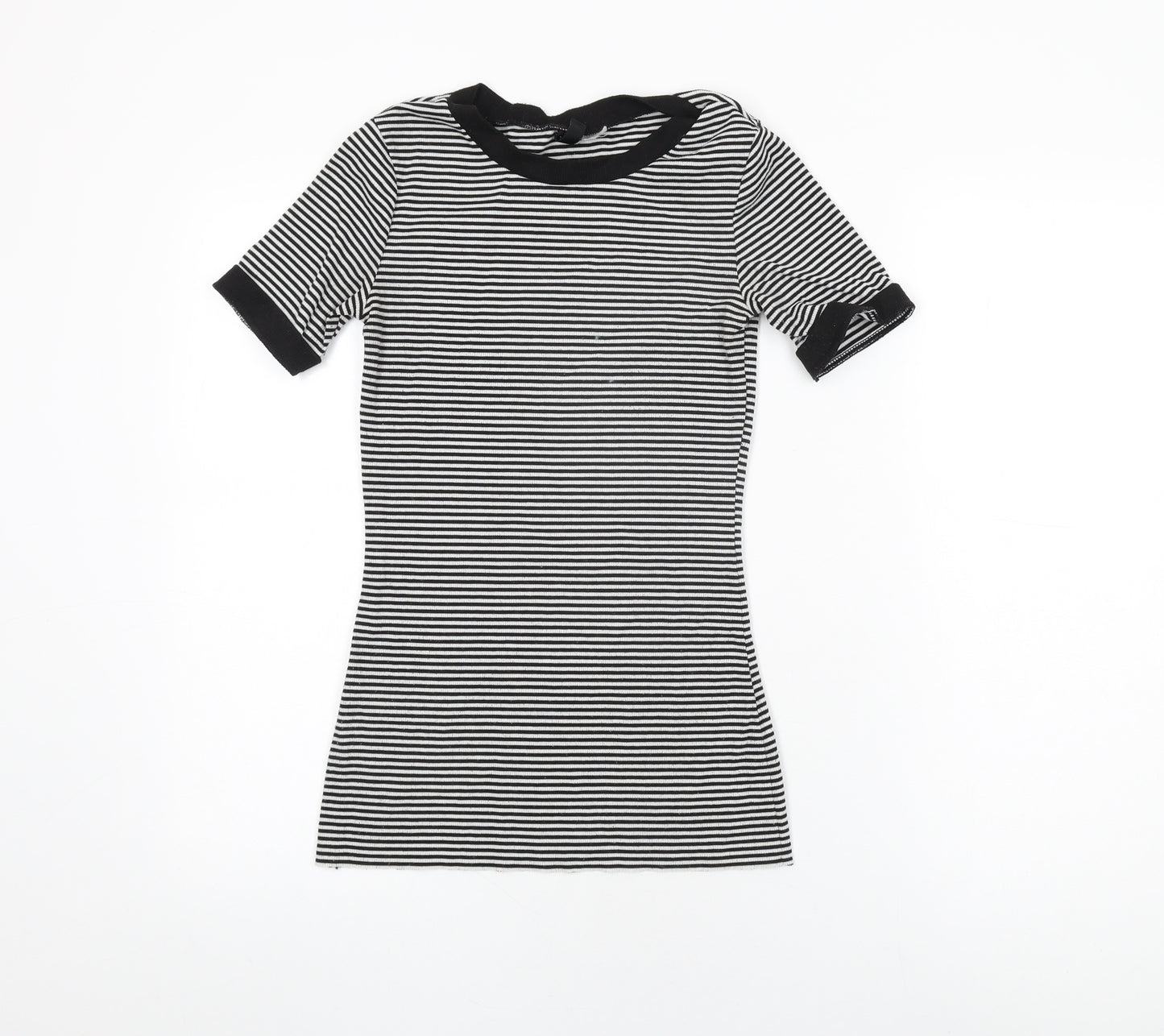 H&M Womens White Striped Polyester Basic T-Shirt Size 8 Round Neck