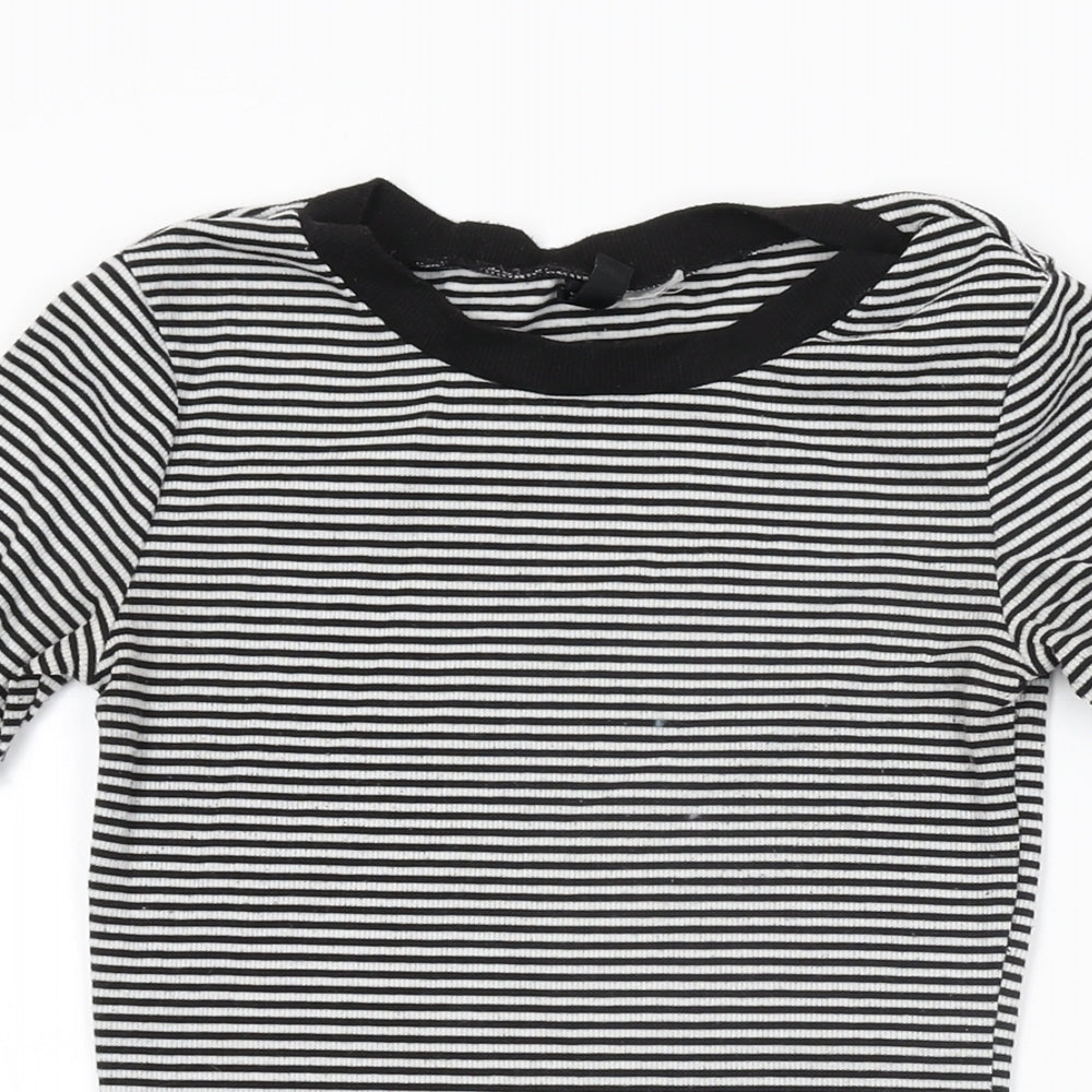 H&M Womens White Striped Polyester Basic T-Shirt Size 8 Round Neck
