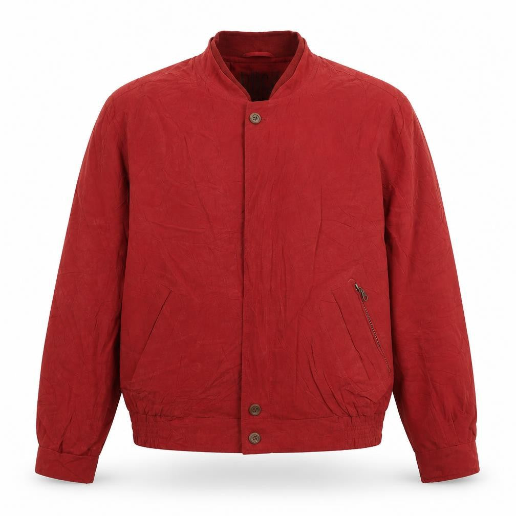 Front view of Bush men’s red bomber jacket coat, size L, zip