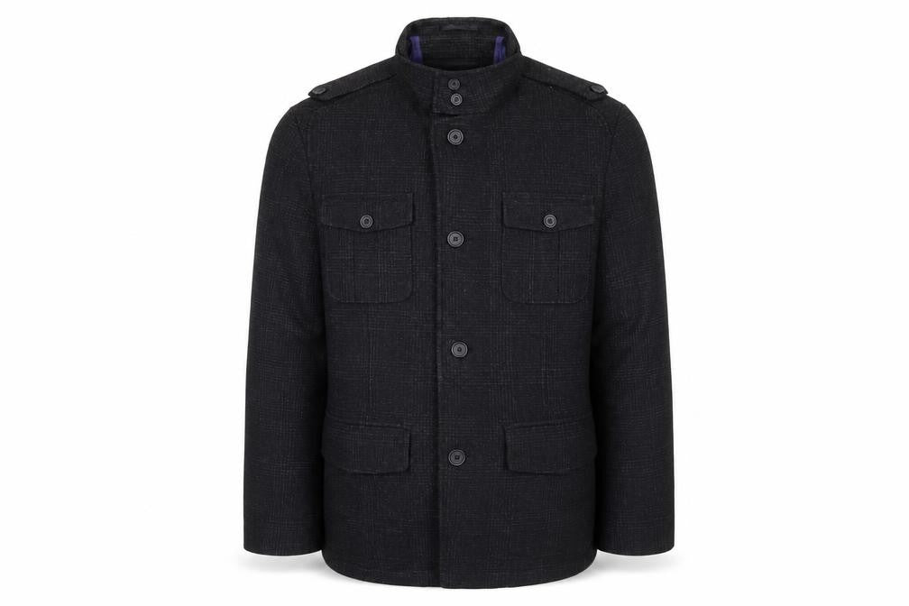 Front view of Marks & Spencer men’s black pea coat coat, size XL, button