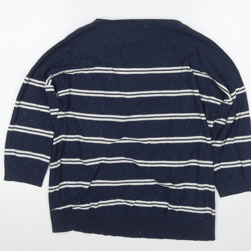 Fat Face Womens Blue Round Neck Striped Cotton Cardigan Jumper Size 12