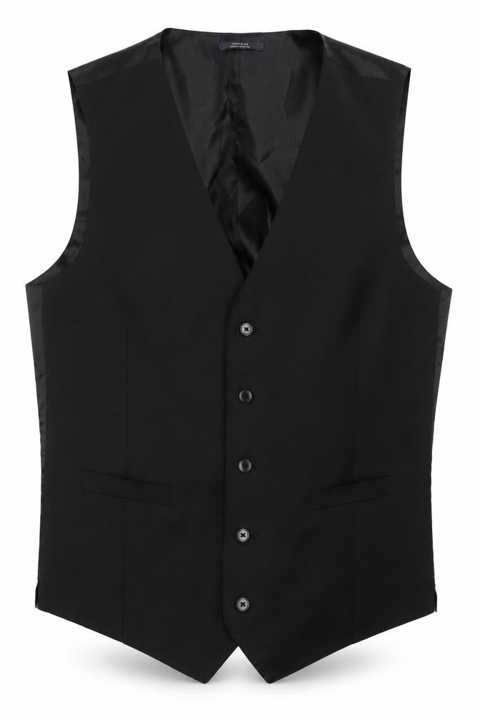 Front view of Marks & Spencer men’s black polyester jacket suit waistcoat, size 42, regular