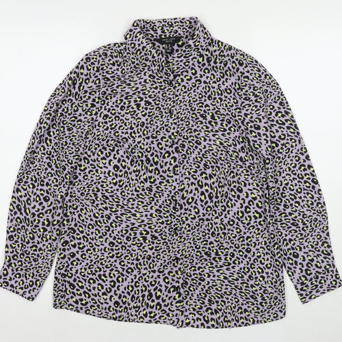 New Look Womens Purple Animal Print Polyester Basic Button-Up Size 12 Collared