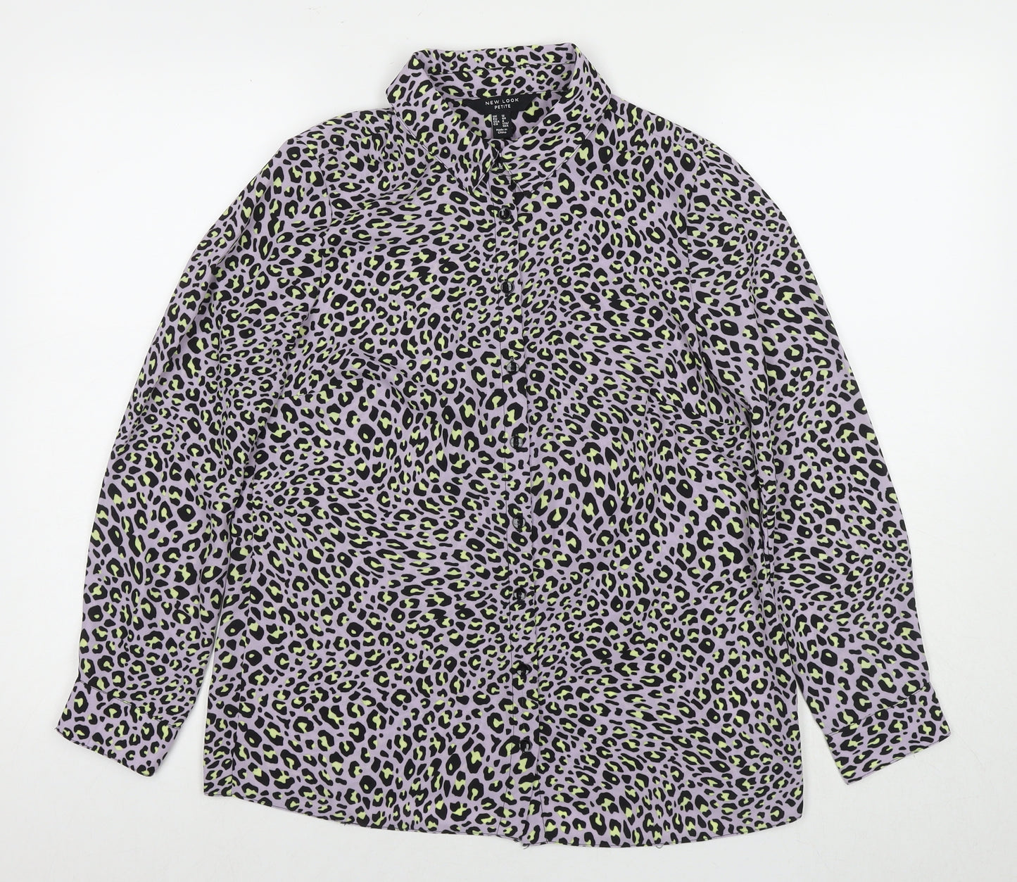 New Look Womens Purple Animal Print Polyester Basic Button-Up Size 12 Collared