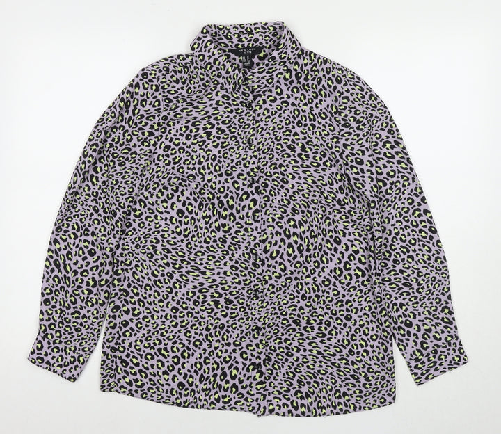 New Look Womens Purple Animal Print Polyester Basic Button-Up Size 12 Collared
