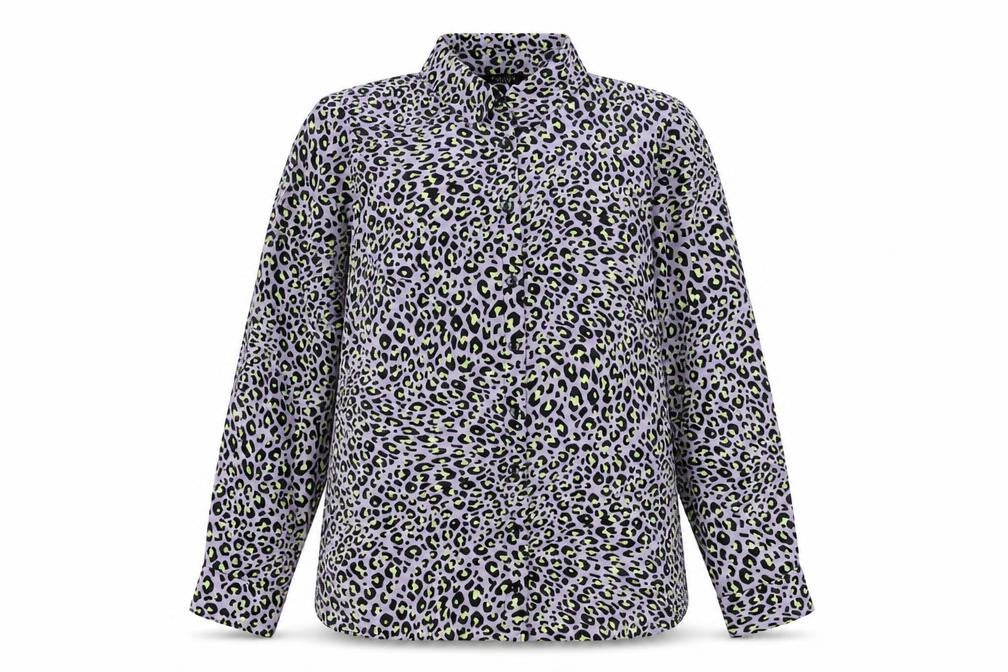 Front view of New Look women’s purple animal print polyester basic button-up, size UK 12, collared
