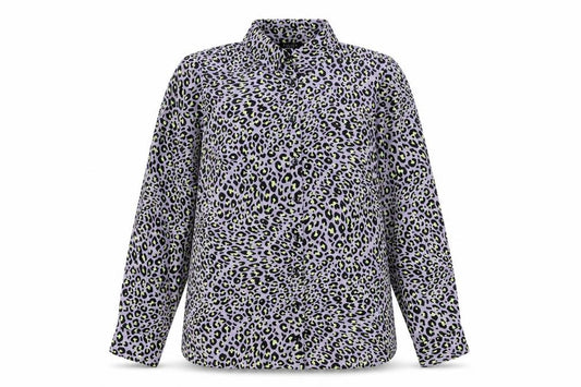 Front view of New Look women’s purple animal print polyester basic button-up, size UK 12, collared