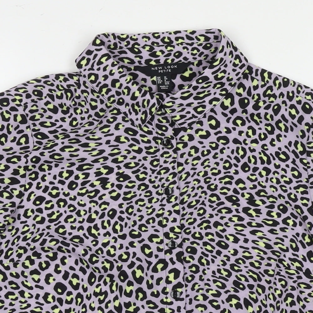 New Look Womens Purple Animal Print Polyester Basic Button-Up Size 12 Collared