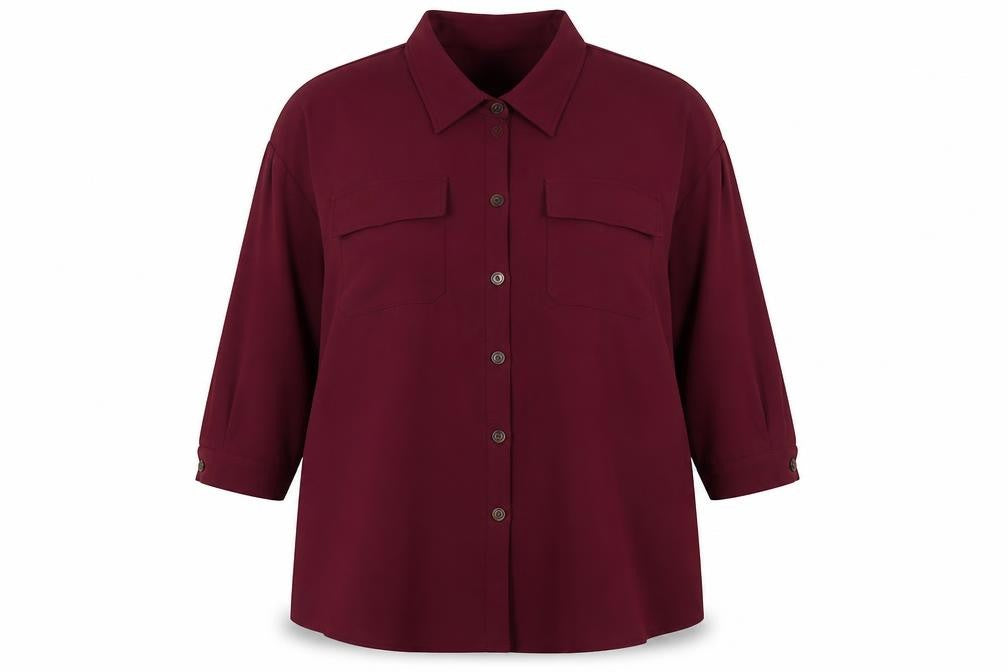 Front view of I SAW IT FIRST women’s red polyester tunic button-up, size UK 12, collared