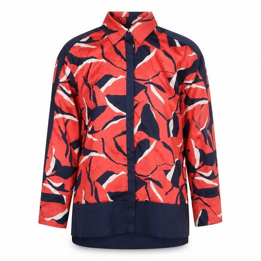 Front view of Marks & Spencer women’s red colourblock polyester tunic button-up, size UK 6, collared