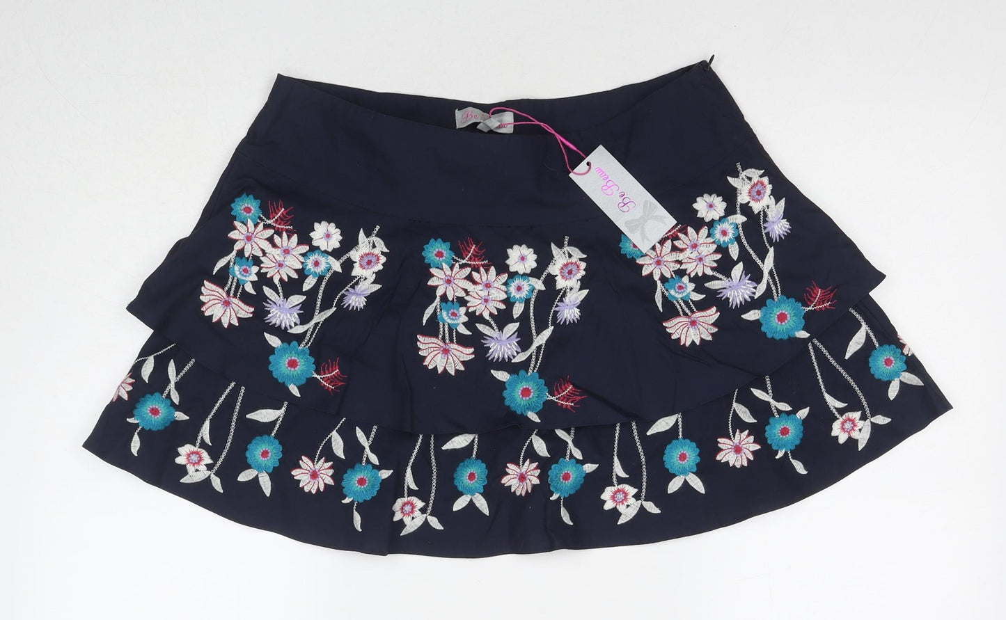 Be Beau Womens Blue Floral Cotton A-Line Skirt Size 12 Zip