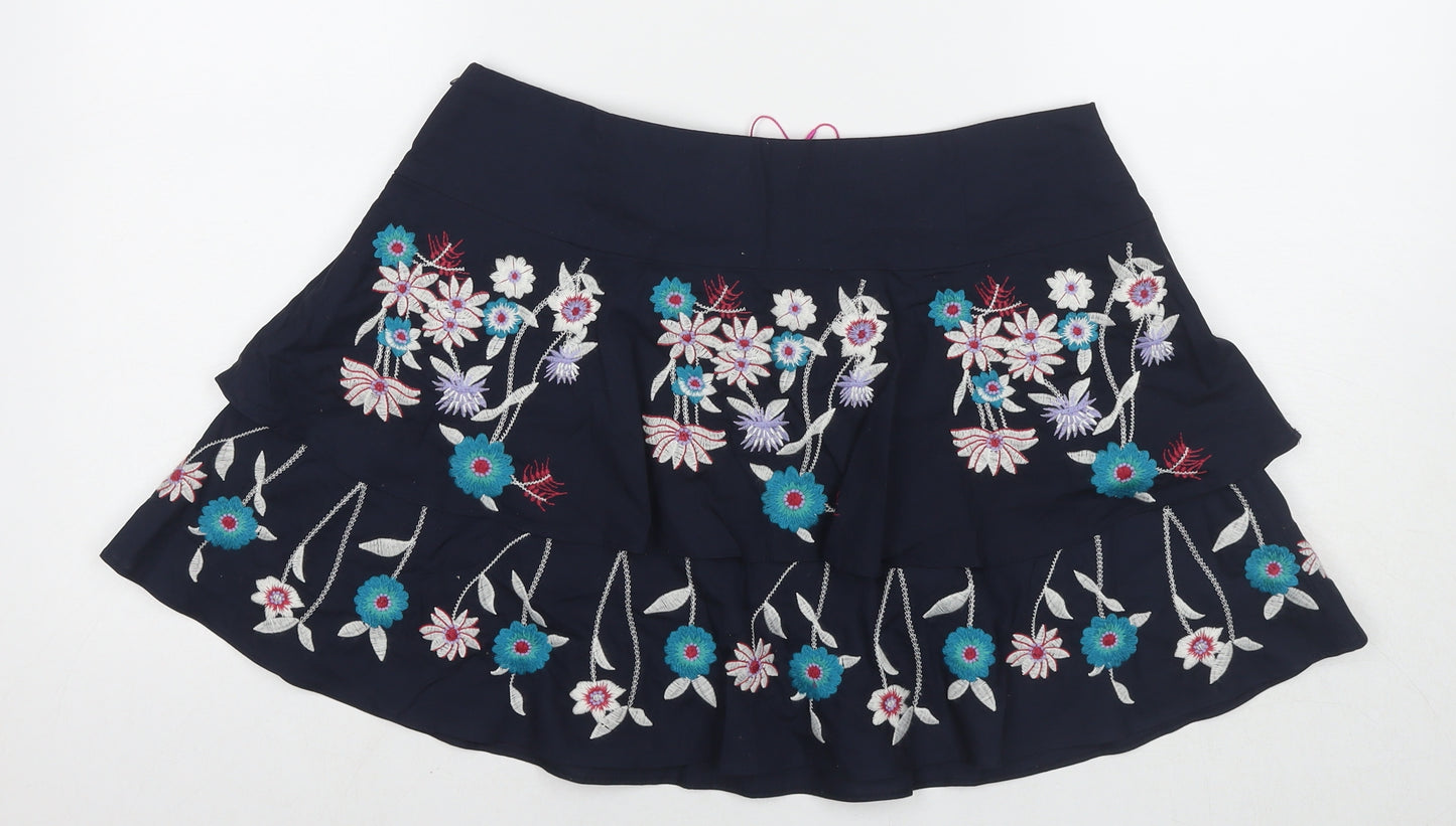 Be Beau Womens Blue Floral Cotton A-Line Skirt Size 12 Zip