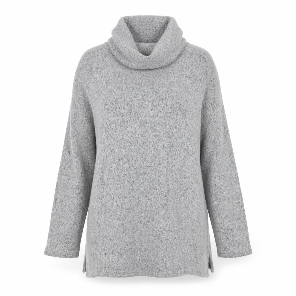 Front view of Nina Leonard women’s grey roll neck acrylic jumper, size M