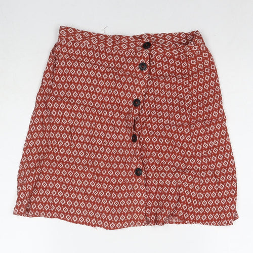 H&M Womens Brown Geometric Viscose A-Line Skirt Size 8 Button