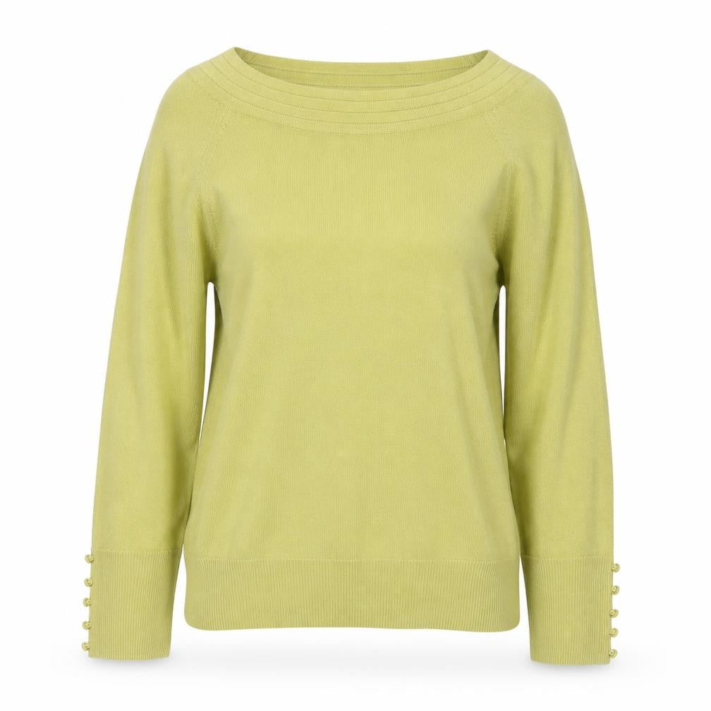 Front view of Marks & Spencer women’s yellow round neck acrylic jumper, size UK 12