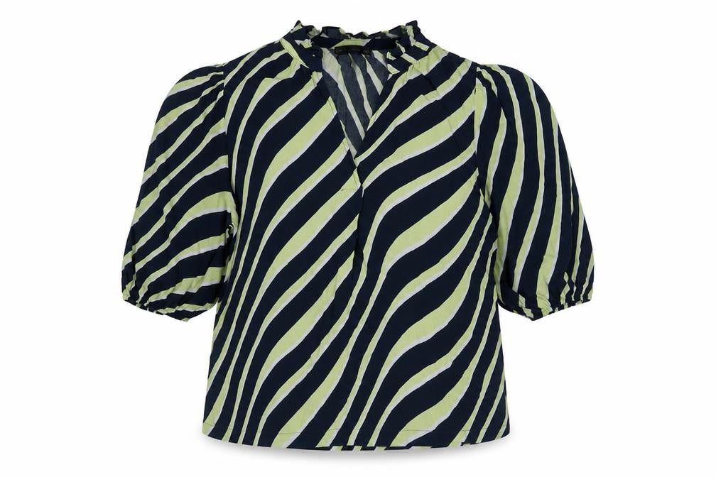 Front view of Marks & Spencer women’s blue geometric viscose basic blouse, size UK 16, v-neck