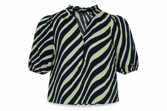 Front view of Marks & Spencer women’s blue geometric viscose basic blouse, size UK 16, v-neck
