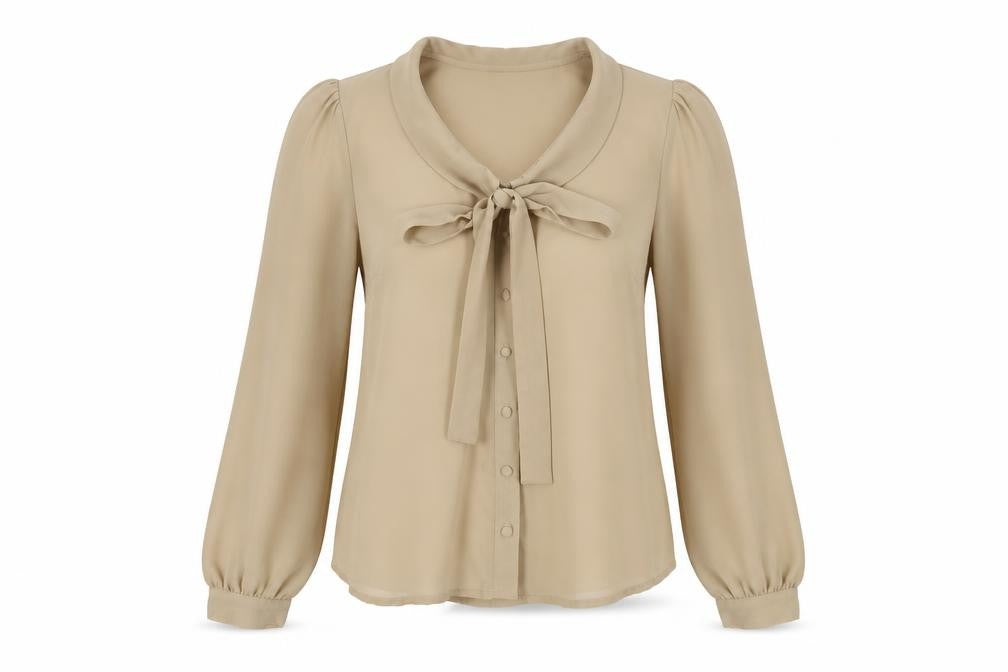 Front view of New Look women’s brown polyester basic button-up, size UK 10, round neck