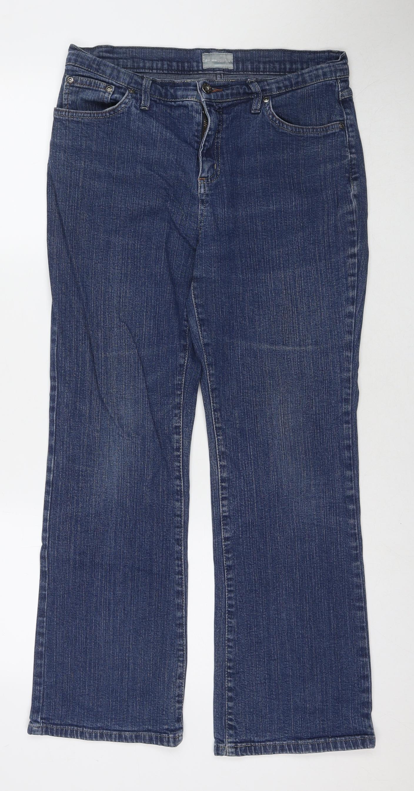 Per Una Womens Blue Cotton Bootcut Jeans Size 12 L28 in Regular Zip