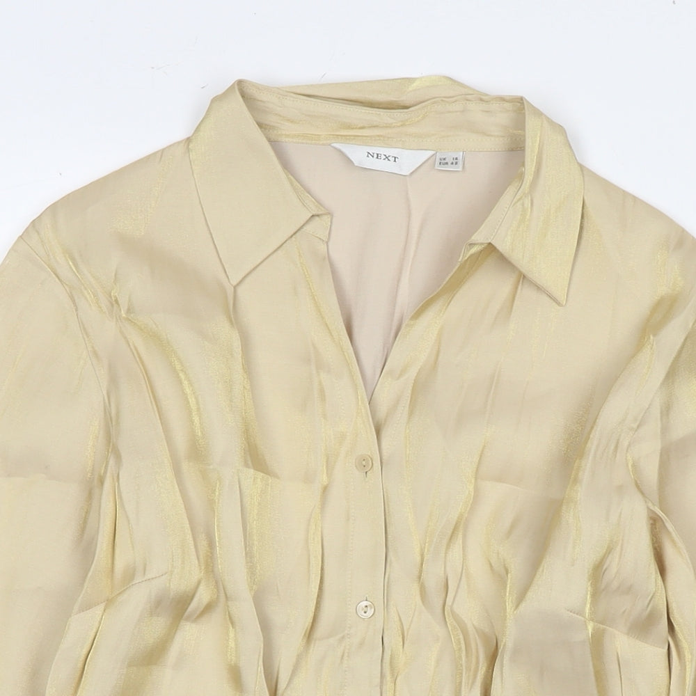 NEXT Womens Gold Viscose Basic Button-Up Size 14 Collared
