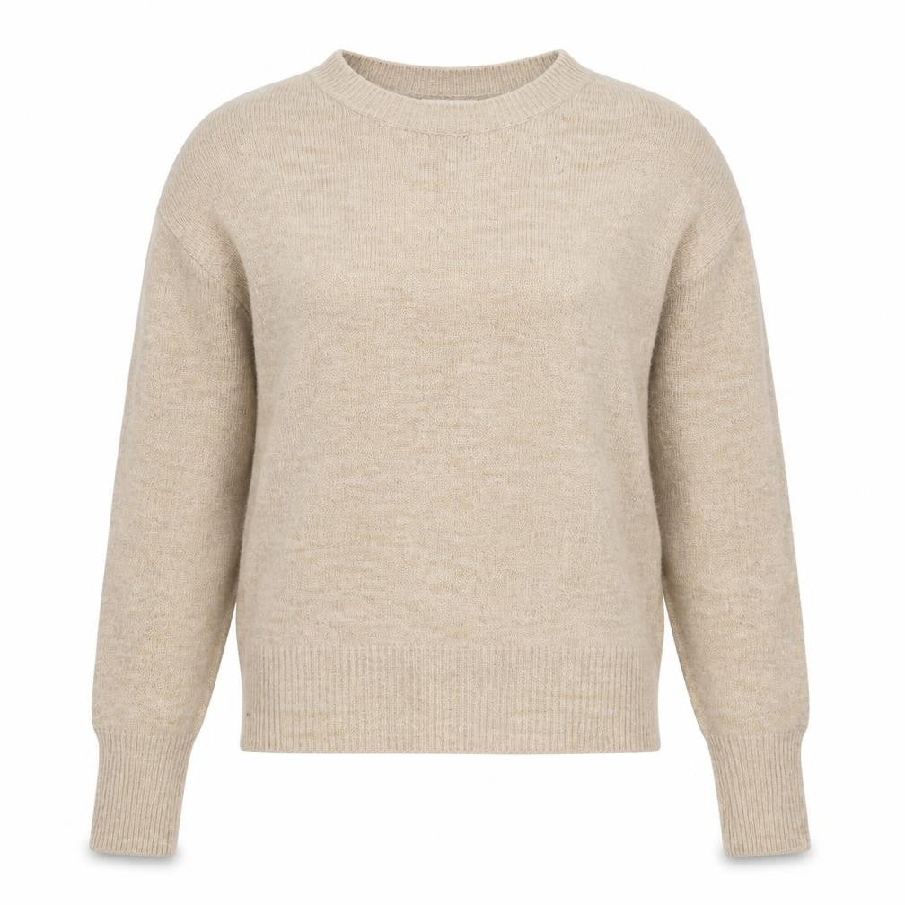 Front view of H&M women’s beige round neck acrylic jumper, size XS