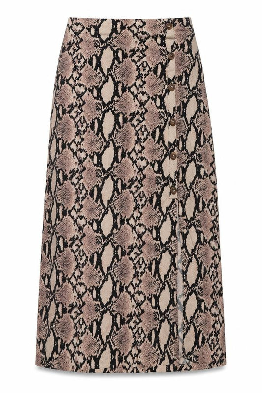 Front view of Red Herring women’s beige animal print viscose maxi skirt, size UK 8, zip