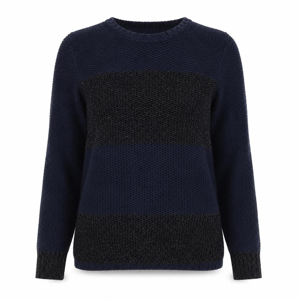 Front view of Marks & Spencer women’s blue round neck cotton jumper, size UK 10