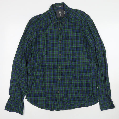 H&M Mens Green Check Cotton Button-Up Size M Collared Button
