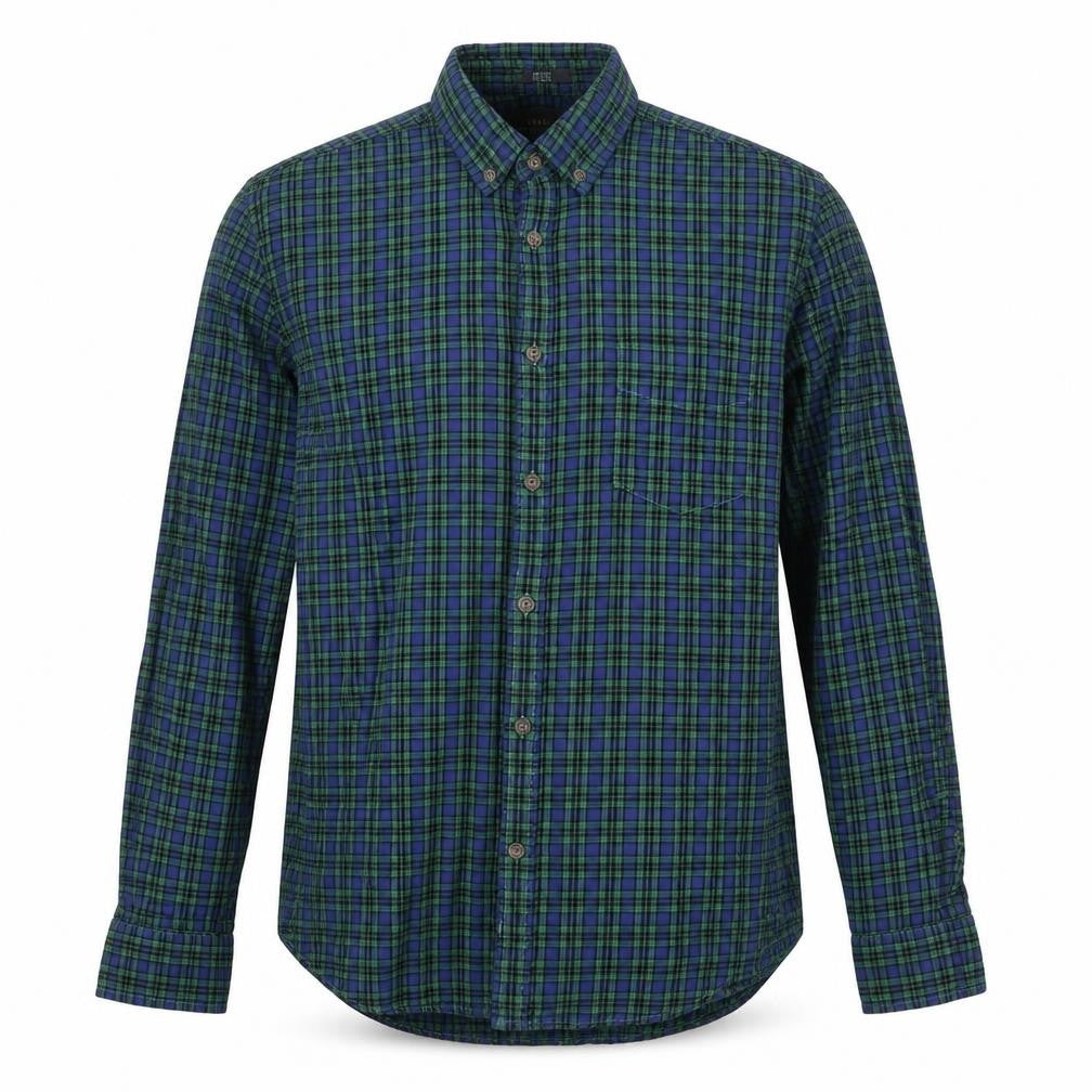 Front view of H&M men’s green check cotton button-up, size M, collared button