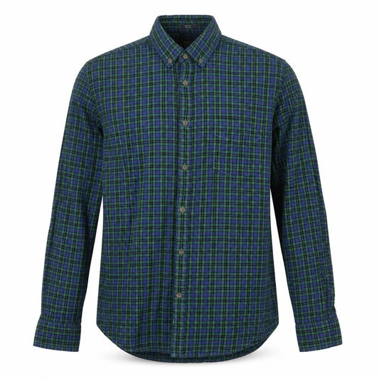 Front view of H&M men’s green check cotton button-up, size M, collared button