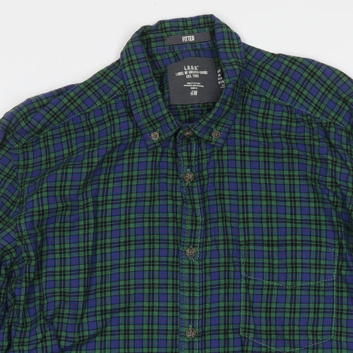 H&M Mens Green Check Cotton Button-Up Size M Collared Button
