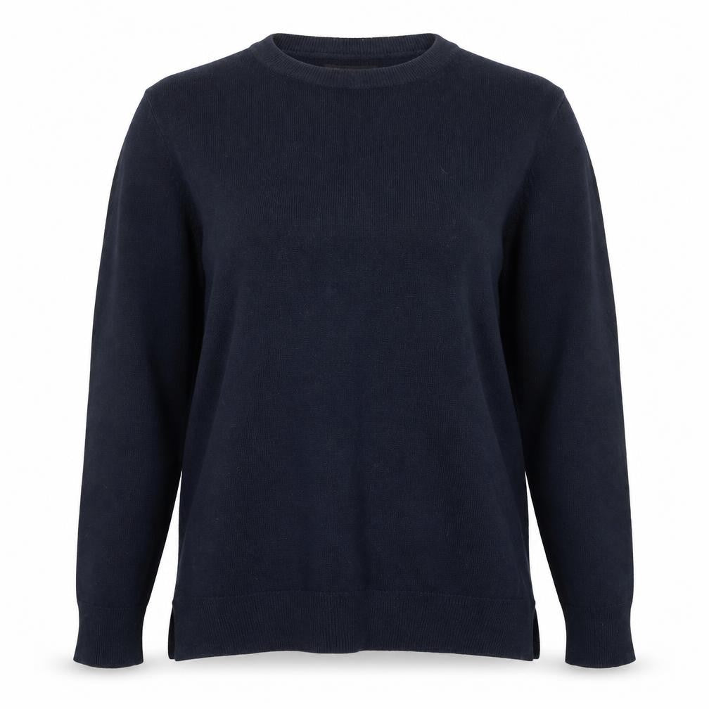 Front view of Marks & Spencer women’s blue round neck acrylic jumper, size UK 10