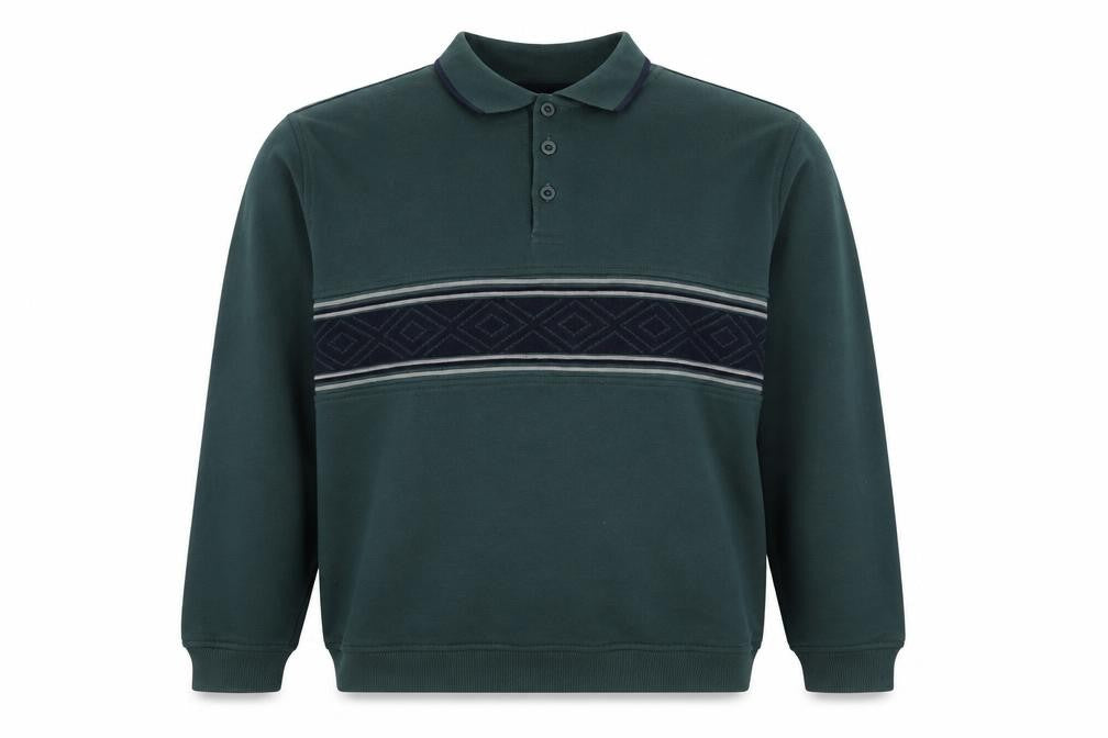 Front view of EWM men’s green fair isle cotton pullover sweatshirt, size M