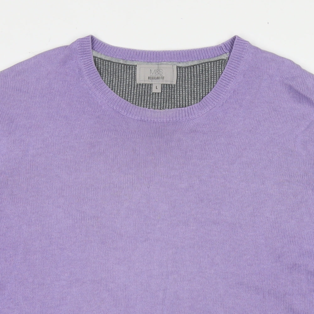 Marks and Spencer Mens Purple Round Neck Cotton Pullover Jumper Size L Long Sleeve