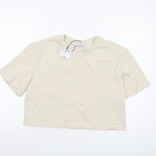 Stradivarius Womens Beige Cotton Basic T-Shirt Size M Crew Neck