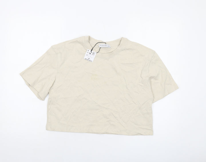 Stradivarius Womens Beige Cotton Basic T-Shirt Size M Crew Neck