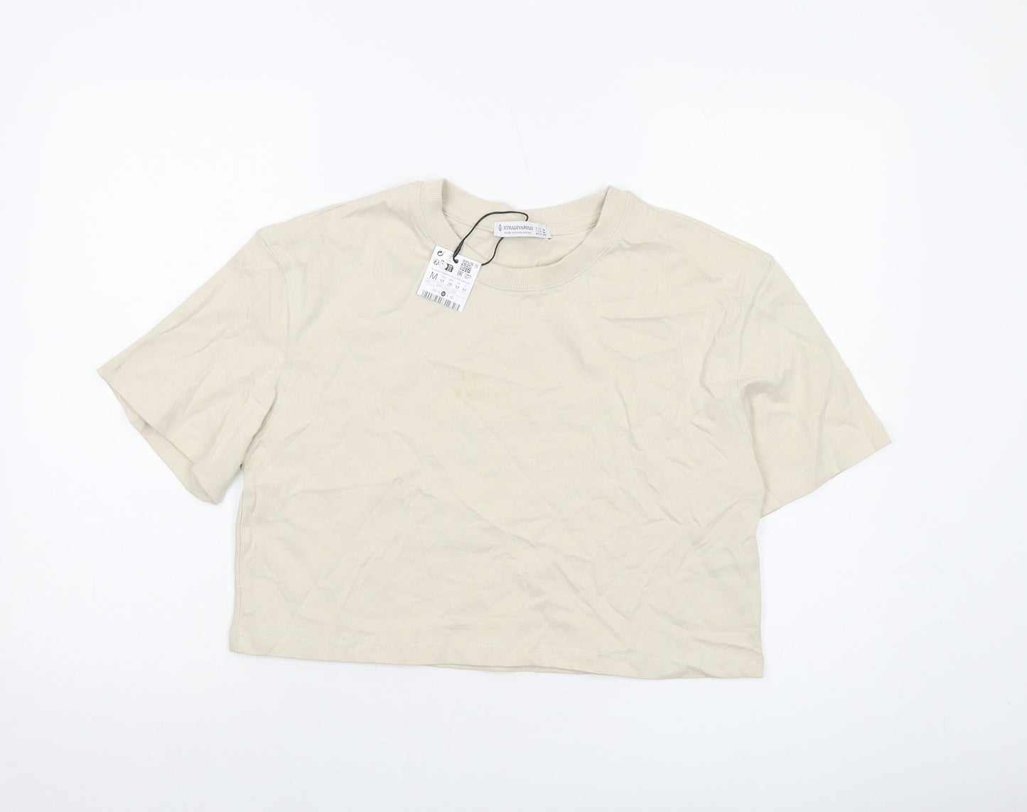 Stradivarius Womens Beige Cotton Basic T-Shirt Size M Crew Neck