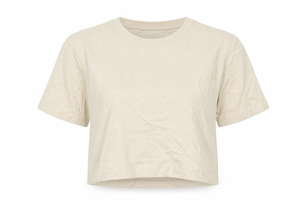 Front view of Stradivarius women’s beige cotton basic t-shirt, size M, crew neck