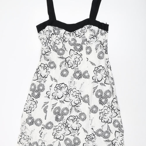 NEXT Womens White Geometric Cotton A-Line Size 16 Square Neck Zip
