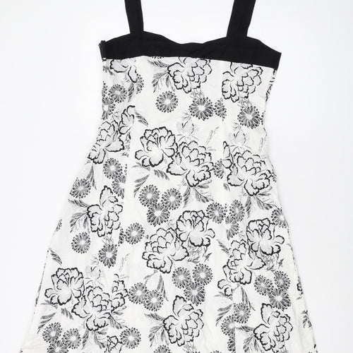 NEXT Womens White Geometric Cotton A-Line Size 16 Square Neck Zip